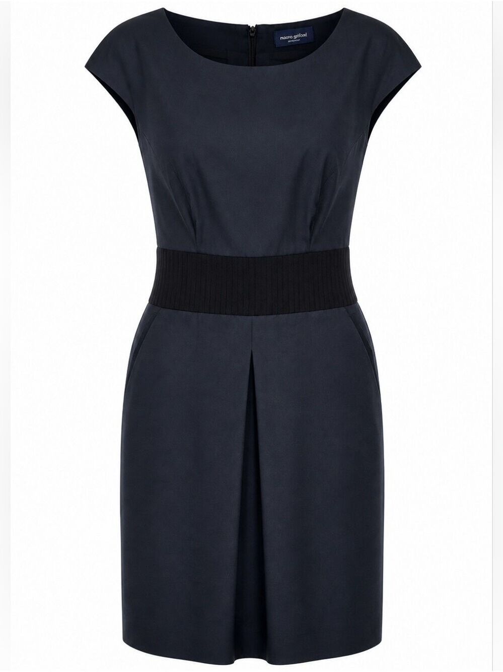 Piazza Sempione Black Sheath Dress Pleated Waist Panel Sz IT48 US 12 Pockets EUC